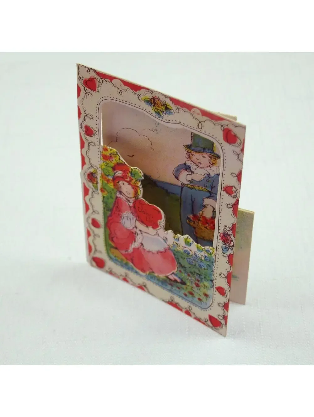 Vintage Valentine Die cut Fold 3D Card Cute Girl & Boy Garden 1920s-30s UNSIGNED